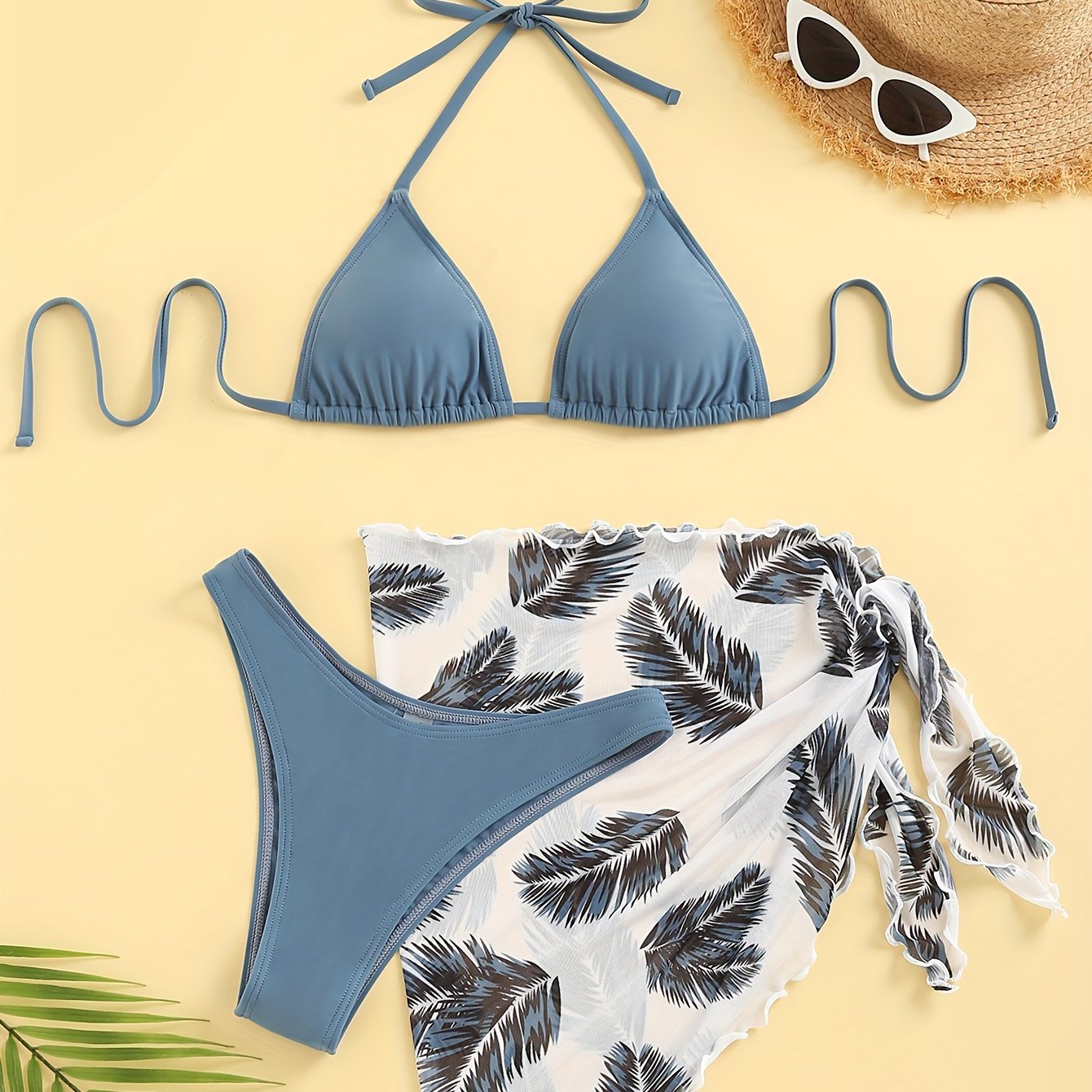 Three-Piece Bikini Set - Flattering Halter Neck Design, Ultra Quick-Drying Technology, Comfortable Four-Way Stretch Fabric - Designed for Women, Vibrant Feather Print Pattern, Matching Cover Up Skirt, Perfect for Beachwear and Poolside Fashion