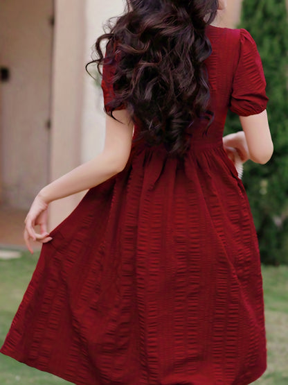 Ruched Split Dress, Elegant Solid Puff Sleeve Midi Dress, Women's Clothing