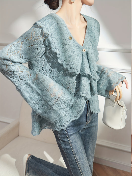 vlovelaw  Solid Color Button Front Top, Elegant Cut Out Ruffle Trim Long Sleeve Cardigans Top For Spring & Fall, Women's Clothing