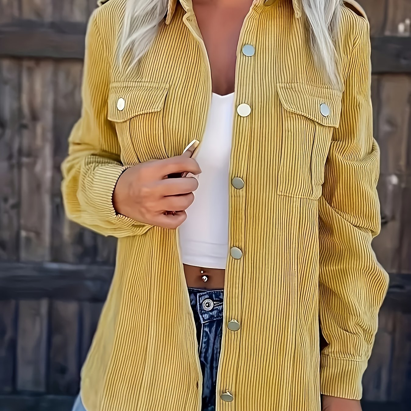 vlovelaw Solid Corduroy Button Front Shirt, Casual Long Sleeve Outwear For Spring & Fall, Women's Clothing