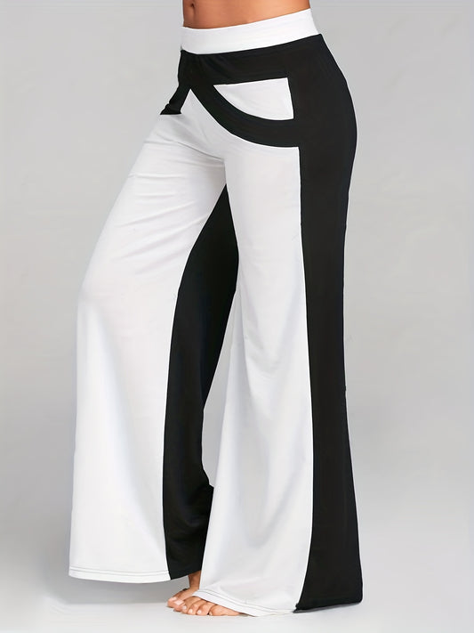 vlovelaw Plus Size Casual Pants, Women's Plus Colorblock Half Color High Rise Medium Stretch Comfortable Wide Leg Pants