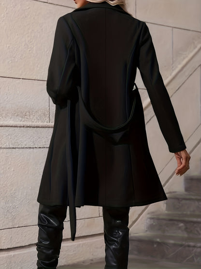 Solid Double Breasted Belted Coat, Casual Long Sleeve Lapel Outwear, Women's Clothing
