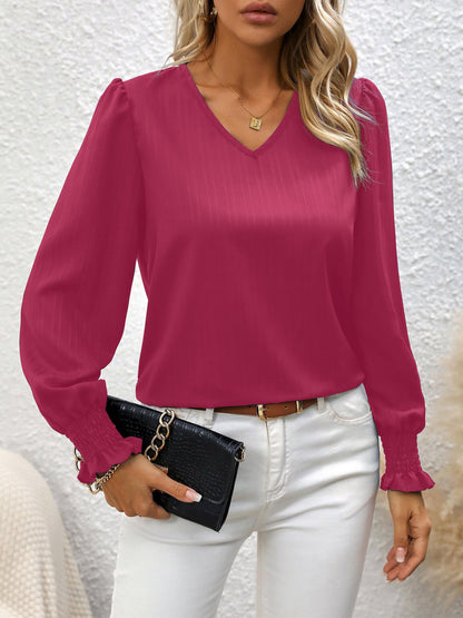 vlovelaw  Stripe Textured V Neck Blouse, Casual Lettuce Cuff Long Sleeve Top For Spring & Fall, Women's Clothing