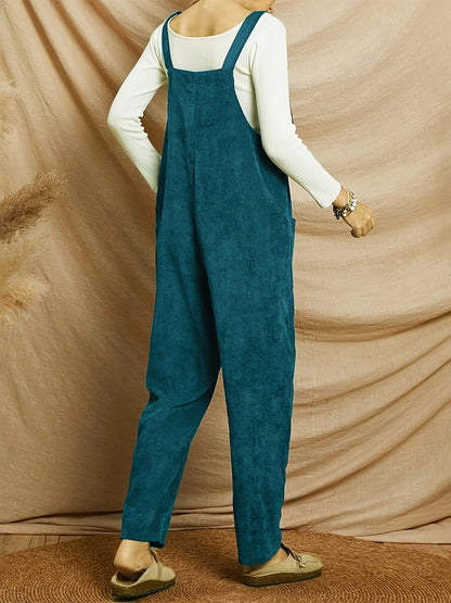 Solid Corduroy Overall Jumpsuit, Casual Patched Pockets Overall Jumpsuit For Spring & Fall, Women's Clothing