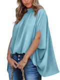 vlovelaw Solid Batwing Sleeve Blouse, Casual Ruched High Collar Loose Blouse, Women's Clothing