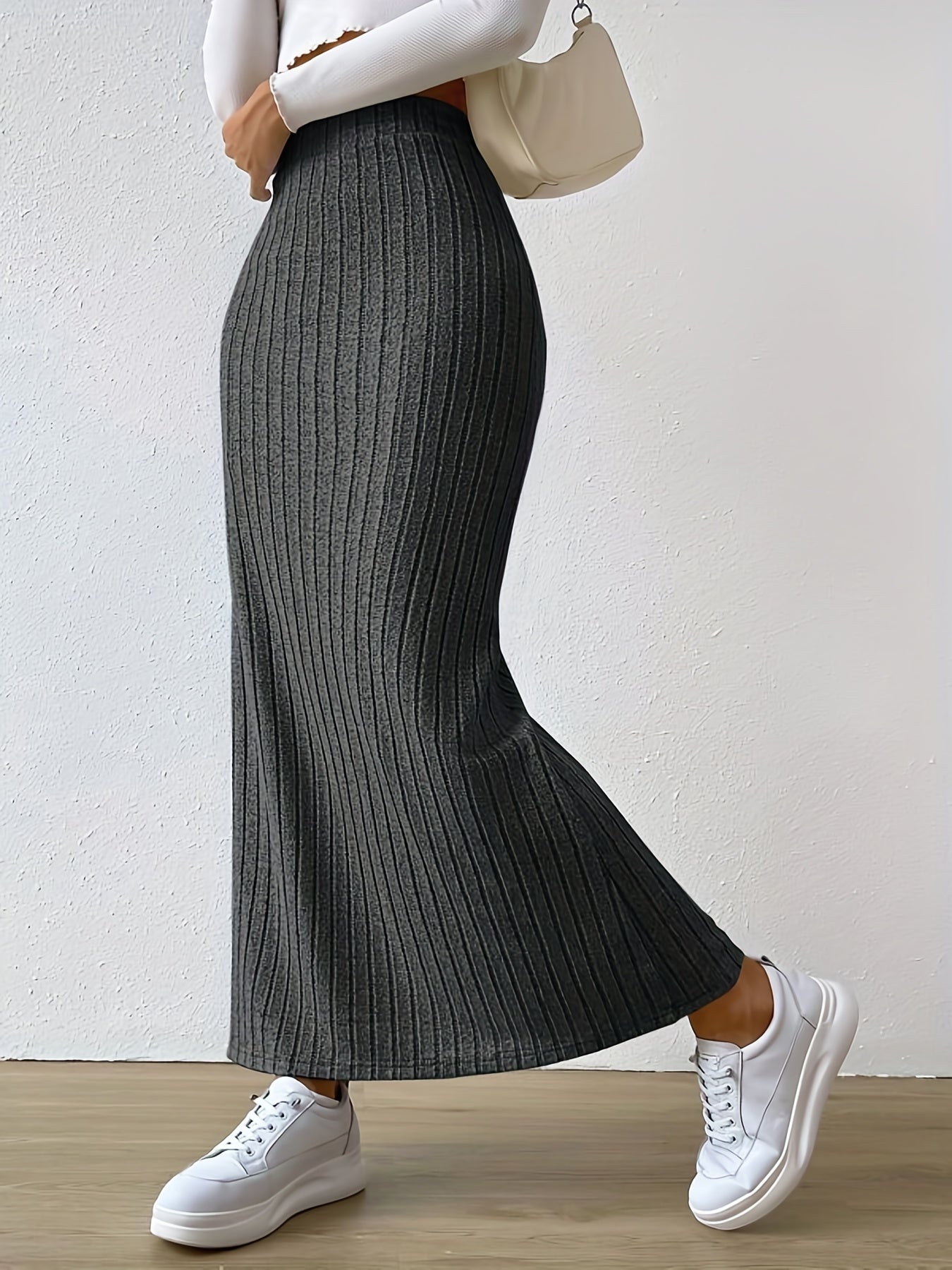 vlovelaw  Ribbed Slit Hem Skirt, Casual Ankle Length Skirt For Spring & Summer, Women's Clothing