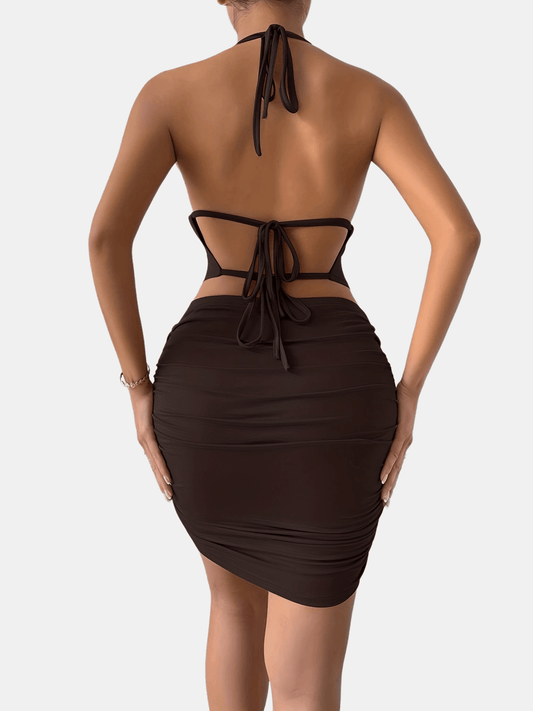 vlovelaw Sexy Solid Two-piece Skirt Set, Cowl Neck Crop Halter Top & Ruched Bodycon Skirt Outfits, Women's Clothing