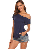 vlovelaw  Solid Slanted Shoulder Short Sleeve T-shirt, Asymmetrical Casual Loose Summer T-shirt, Women's Clothing