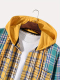 vlovelaw  vlovelaw  Fashionable And Versatile Men's College Style Casual Plaid Contrast Colors Hoodies Button Drawstring Shirt Jacket, Suitable For Outdoor