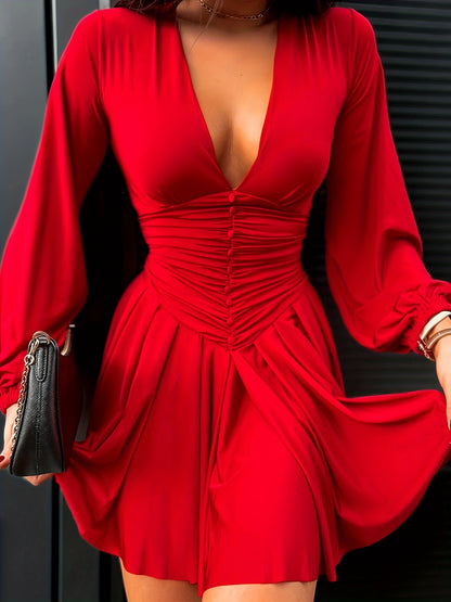vlovelaw  Ruched Plunging Mini Dress, Elegant Long Sleeve Dress For Spring & Fall, Women's Clothing