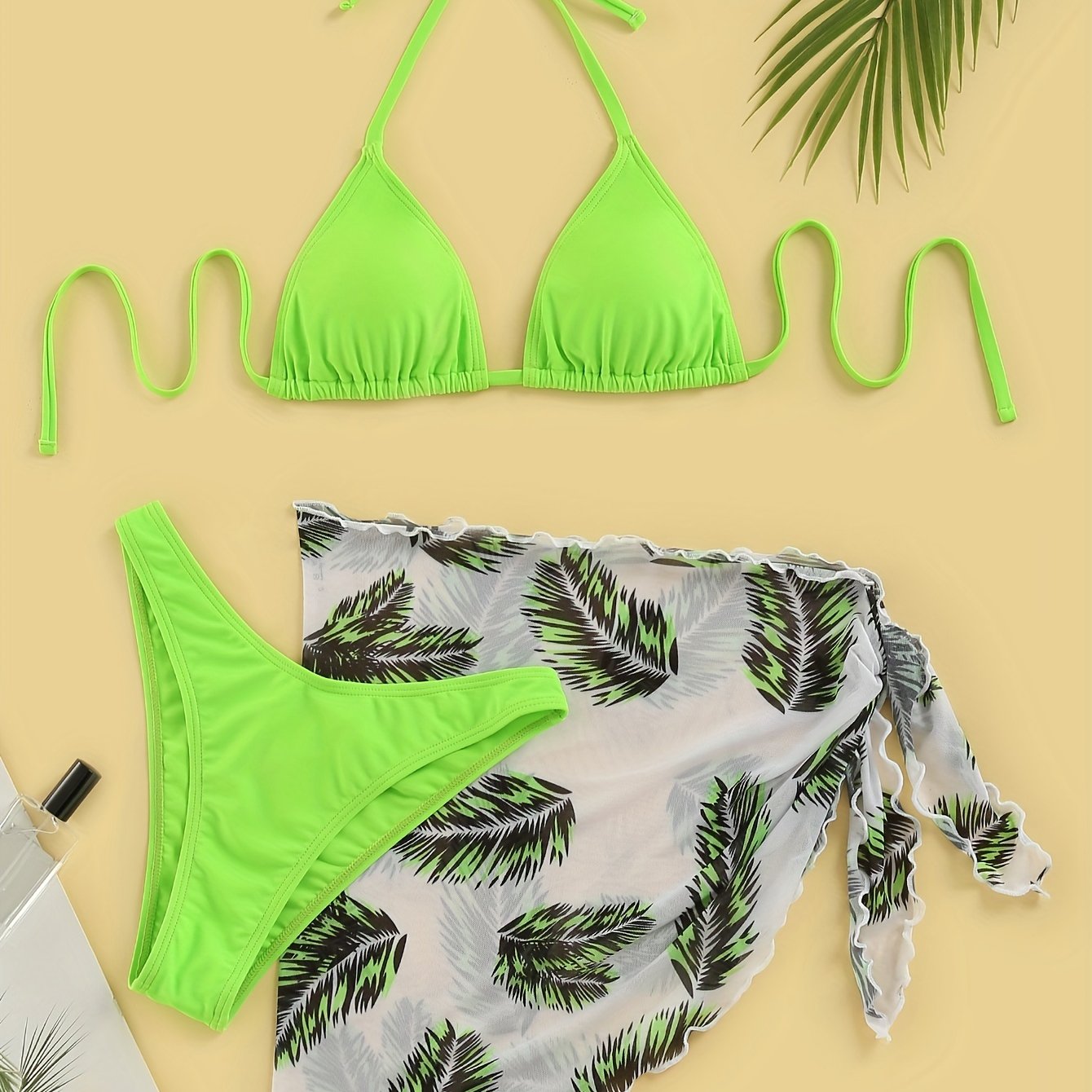 Three-Piece Bikini Set - Flattering Halter Neck Design, Ultra Quick-Drying Technology, Comfortable Four-Way Stretch Fabric - Designed for Women, Vibrant Feather Print Pattern, Matching Cover Up Skirt, Perfect for Beachwear and Poolside Fashion