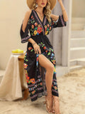 vlovelaw Floral Print Cold Shoulder Dress, Elegant Split V Neck Dress For Spring & Summer, Women's Clothing