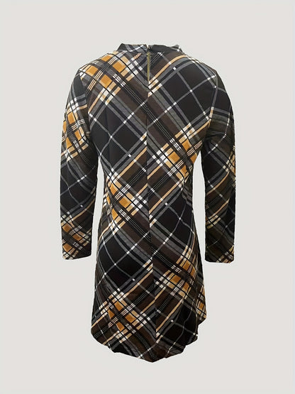 vlovelaw  Plaid Mock Neck Dress, Elegant Long Sleeve Dress For Spring & Fall, Women's Clothing
