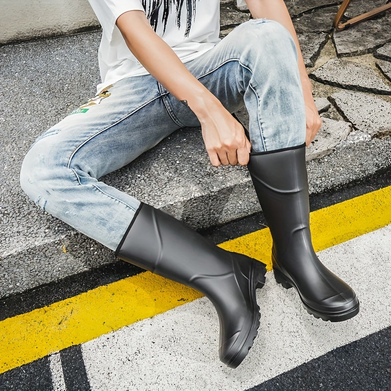 Men's Solid Color Professional Knee High Waterproof Rain Boots, Comfy Non Slip Durable Water Shoes For Men's Rainy Day Outdoor