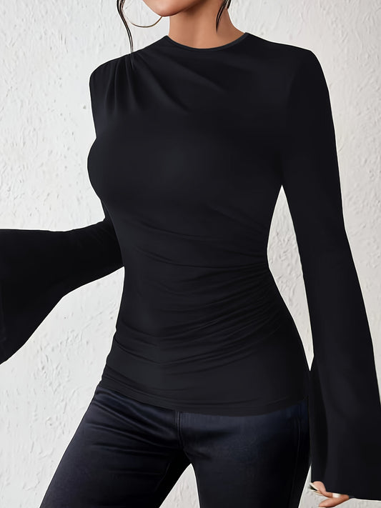vlovelaw Solid Crew Neck T-shirt, Elegant Flare Sleeve Ruched Top For Spring & Fall, Women's Clothing