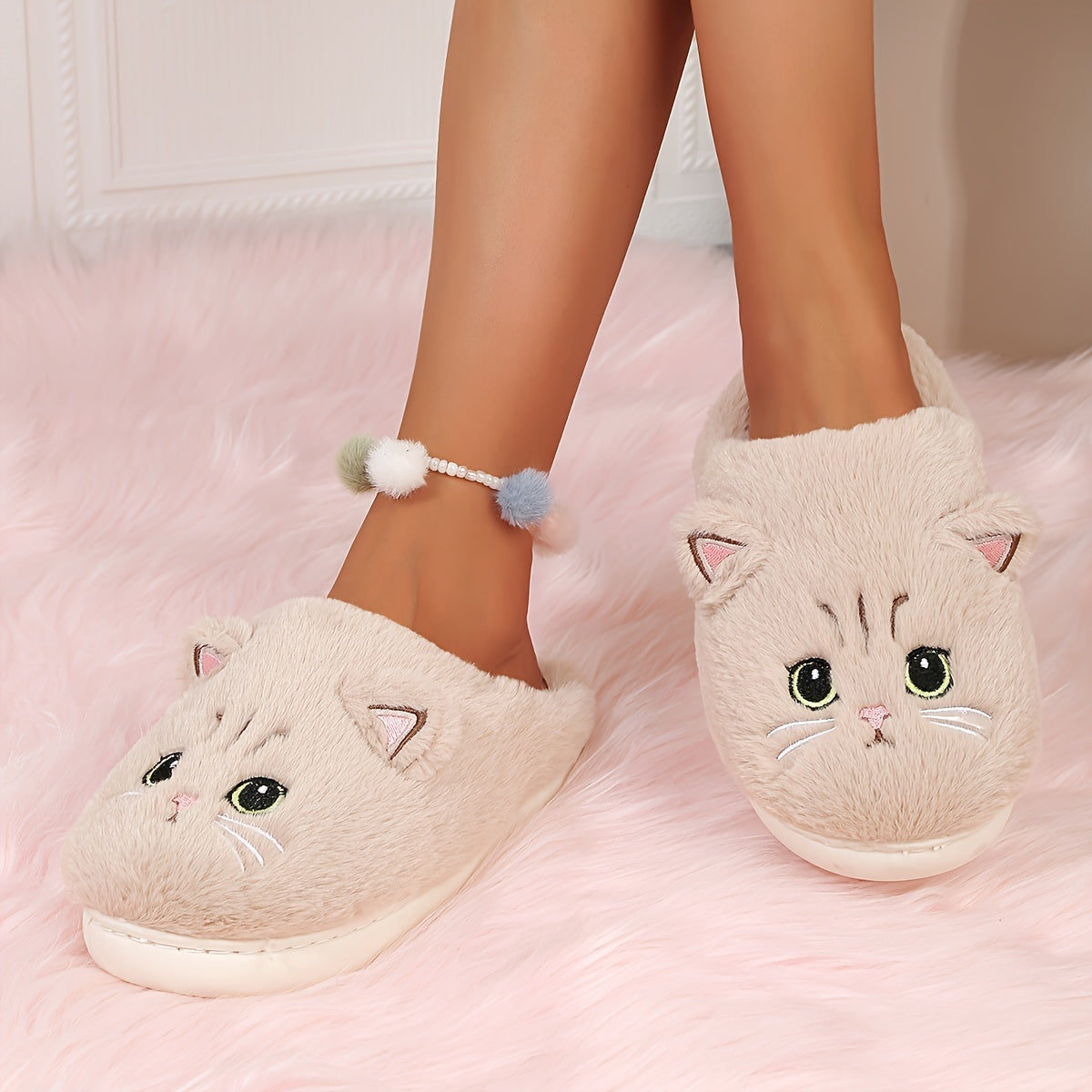 Cute Cartoon Cat Fuzzy Slippers, Creative Closed Toe Soft Sole Plush Flat Shoes, Winter Warm Home Slippers