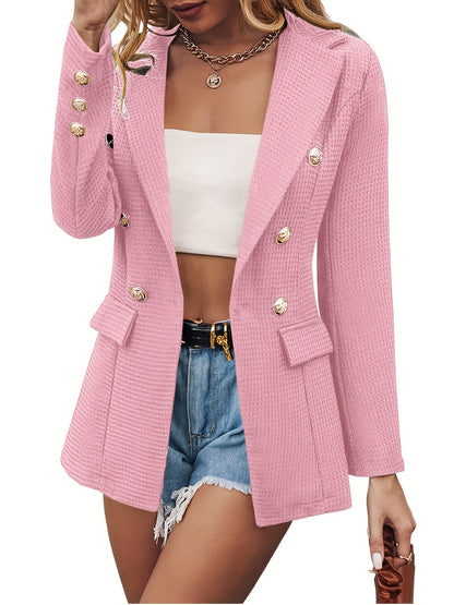 vlovelaw  Lapel Double Breasted Blazer, Elegant Long Sleeve Work Office Outerwear With Pockets, Women's Clothing