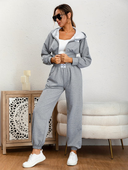 vlovelaw  Solid Casual Two-piece Set, Zip Up Long Sleeve Hoodies & Elastic Waist Jogger Pants Outfits, Women's Clothing