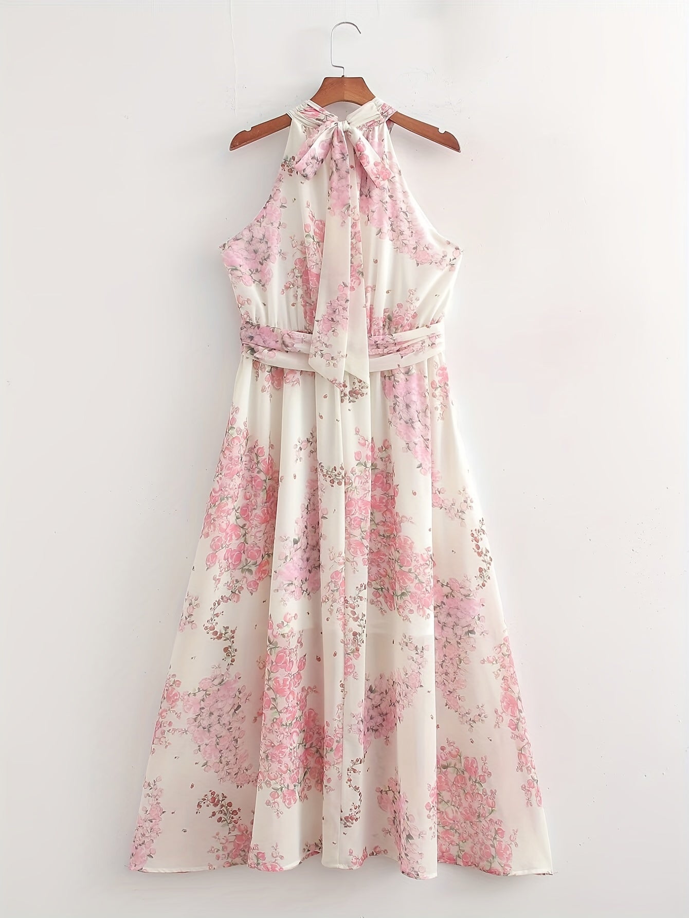 vlovelaw Lace Up Floral Print Halter Neck Dress, Elegant Sleeveless Dress For Spring & Summer, Women's Clothing