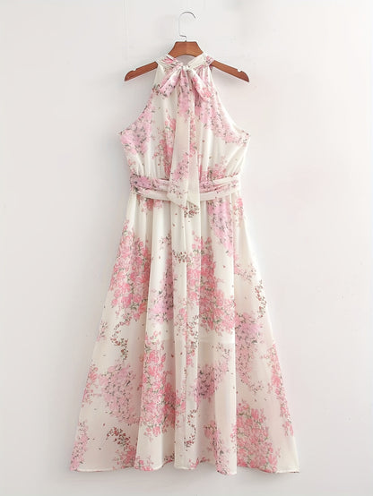 vlovelaw Lace Up Floral Print Halter Neck Dress, Elegant Sleeveless Dress For Spring & Summer, Women's Clothing