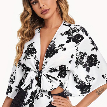 vlovelaw  Floral Print Tie Front Crop Blouse, Sexy Half Sleeve Blouse For Spring & Summer, Women's Clothing