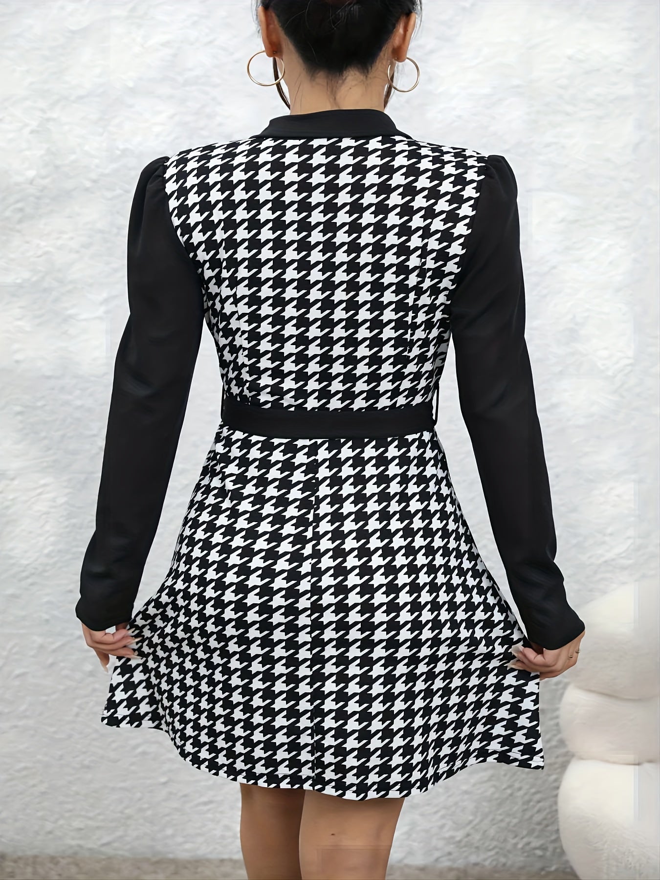 vlovelaw  Houndstooth Print Simple Dress, Elegant V Neck Long Sleeve Dress, Women's Clothing