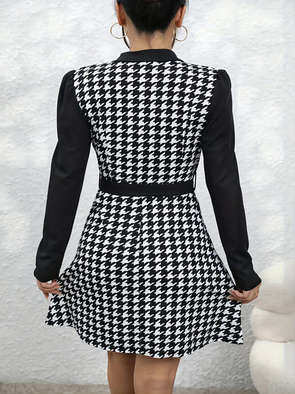 vlovelaw  Houndstooth Print Simple Dress, Elegant V Neck Long Sleeve Dress, Women's Clothing
