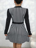 vlovelaw  Houndstooth Print Simple Dress, Elegant V Neck Long Sleeve Dress, Women's Clothing