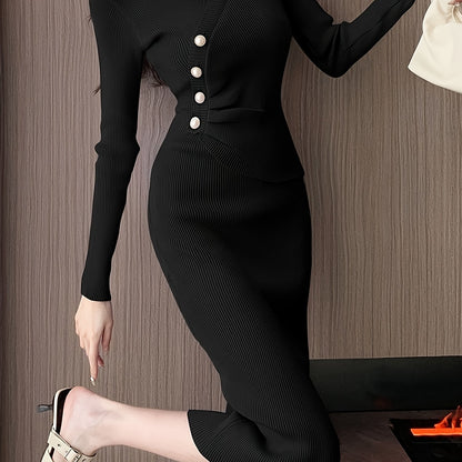 vlovelaw  Button Front Solid Midi Dress, Elegant V Neck Long Sleeve Dress, Women's Clothing