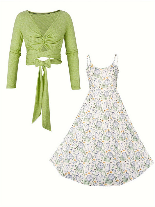 vlovelaw  Casual Two-piece Dress Set, Solid Cut Out Long Sleeve Top & Allover Print Cami Dress Outfits, Women's Clothing