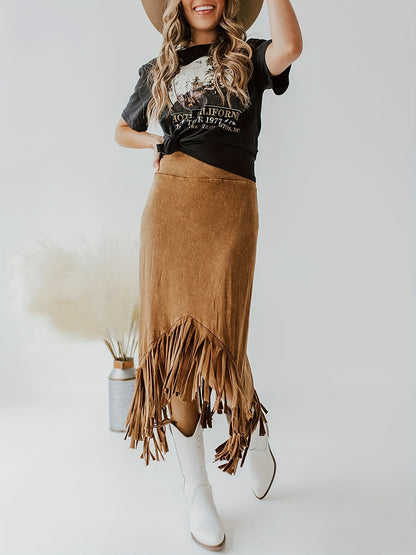 Tassel High Waist Skirts, Vintage Solid Midi Skirts For Spring & Fall, Women's Clothing