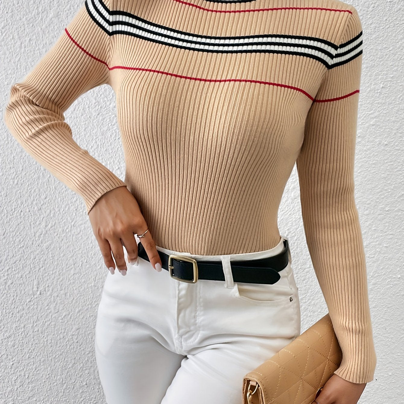 vlovelaw  Striped Turtle Neck Pullover Sweater, Casual Long Sleeve Slim Sweater For Fall & Winter, Women's Clothing