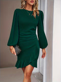 vlovelaw  Solid Crew Neck Dress, Elegant Long Sleeve Ruffle Hem Dress, Women's Clothing