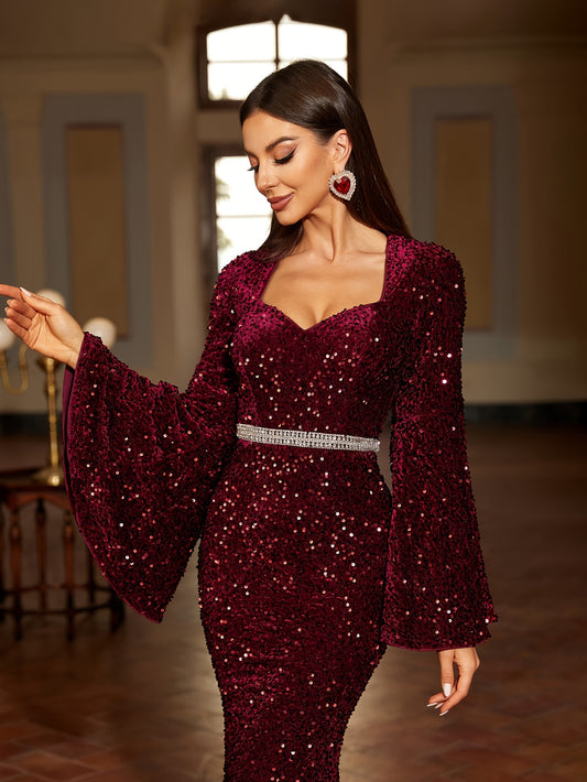vlovelaw  Sequin Sweetheart Neck Dress, Elegant Flare Sleeve Mermaid Hem Dress For Party & Banquet, Women's Clothing