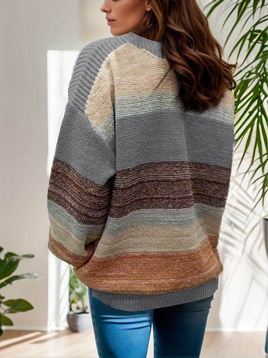 vlovelaw  Plus Size Casual Sweater, Women's Plus Colorblock Long Sleeve Round Neck High Stretch Jumper