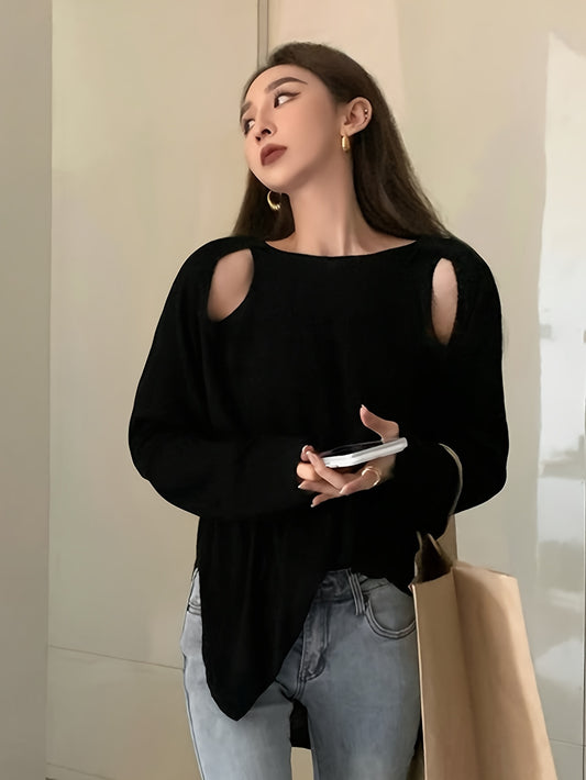 vlovelaw  Cut Out Solid T-Shirt, Casual Crew Neck Long Sleeve Top For Spring & Fall, Women's Clothing