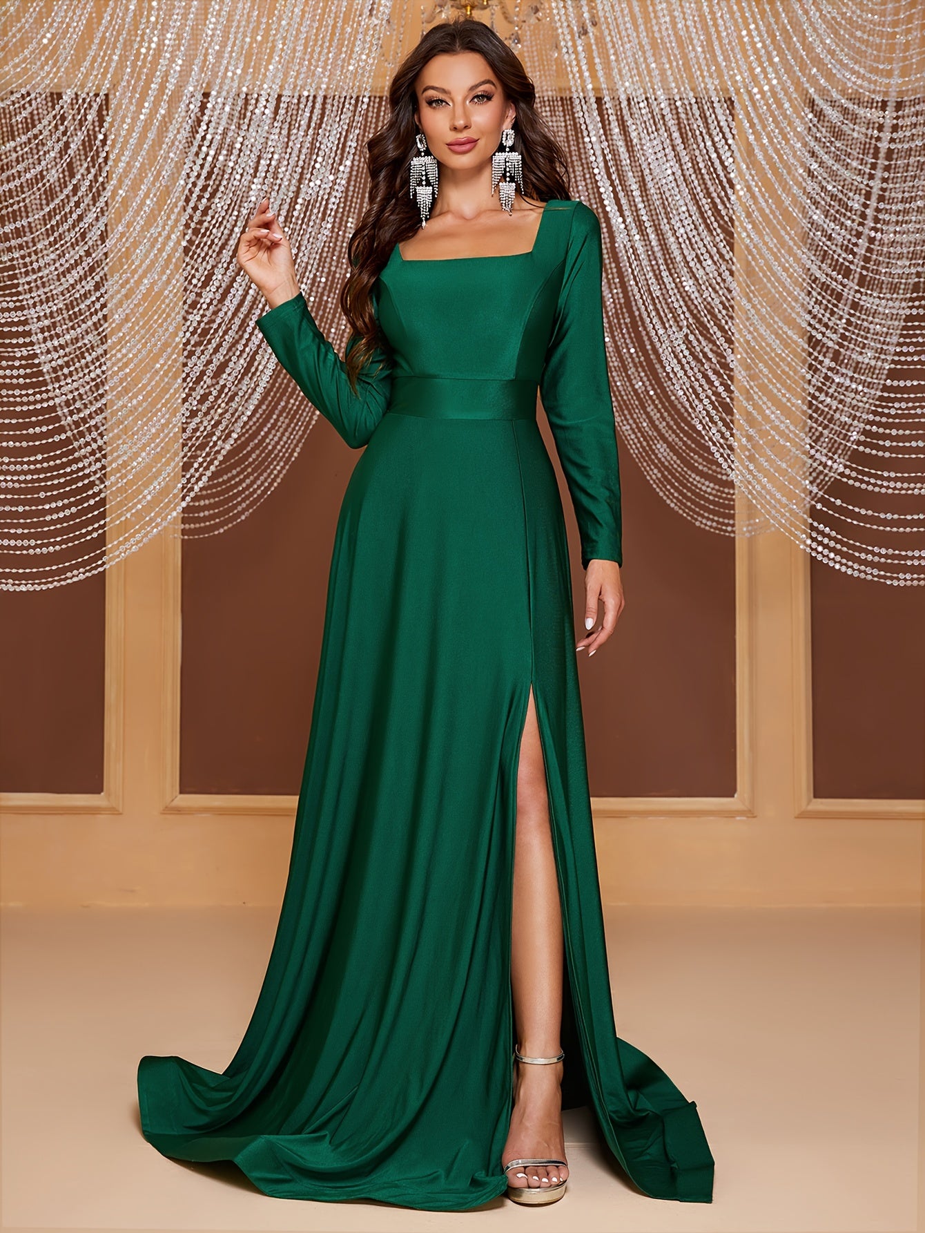 vlovelaw  Solid Square Neck Bridesmaid Dress, Elegant Long Sleeve Split Floor Length Dress For Wedding Party, Women's Clothing