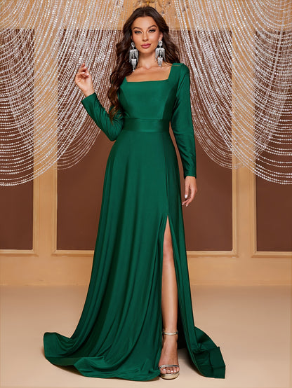 vlovelaw  Solid Square Neck Bridesmaid Dress, Elegant Long Sleeve Split Floor Length Dress For Wedding Party, Women's Clothing