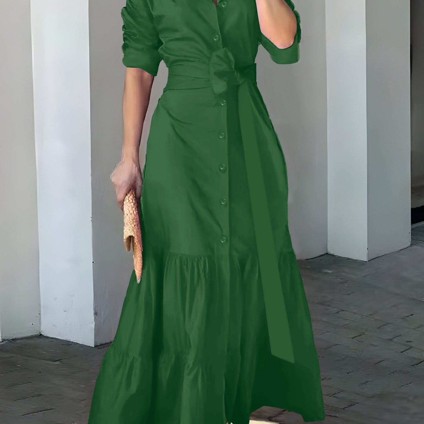 vlovelaw Solid Button Front Belted Dress, Elegant Ruched Sleeve Ruffle Trim Maxi Dress, Women's Clothing