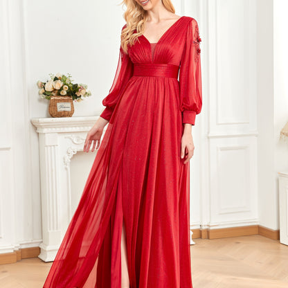 Split Hem Applique Bridesmaid Dress, Elegant Long Sleeve V-neck Dress For Wedding Party, Women's Clothing