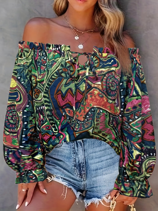 vlovelaw  Ethnic Print Off Shoulder Blouse, Sexy Ruffle Trim Long Sleeve Blouse, Women's Clothing