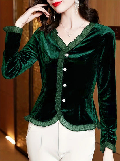 Velvet Lace Contrast Trim Top, Button Front V Neck Long Sleeve T-shirt, Women's Clothing
