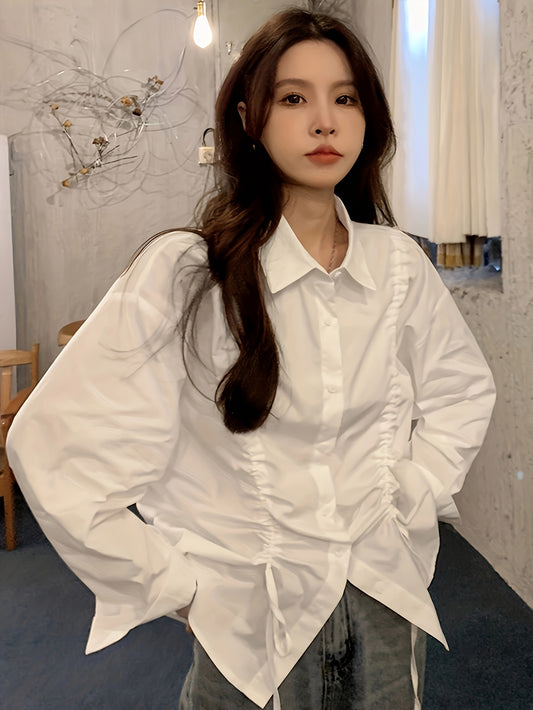 vlovelaw  Solid Drawstring Ruched Button Front Shirt, Casual Long Sleeve Drop Shoulder Shirt For Spring & Fall, Women's Clothing