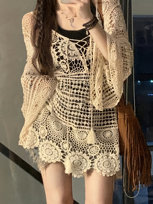vlovelaw  Floral Pattern Cross Tie Sweater, Versatile Beach Wear Long Sleeve Sweater, Women's Clothing