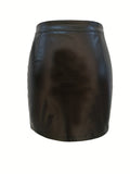 Solid Faux Leather Bodycon Skirt, Vintage Side Split Skirt For Spring & Fall, Women's Clothing
