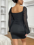 vlovelaw  Squared Neck Mesh Long Sleeve Dress, Solid Elegant Bodycon Mini Dress, Women's Clothing