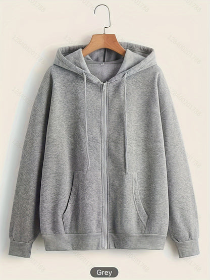 vlovelaw  Solid Color Zipper Up Drawstring Fashion Hoodie, Pocket Front Long Sleeve Hooded Sweatshirts, Women's Sports Sweatshirt
