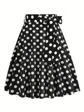 vlovelaw  Polka Dot Print Pleated Skirts, Vintage Bow Flare Skirts For Spring & Summer, Women's Clothing