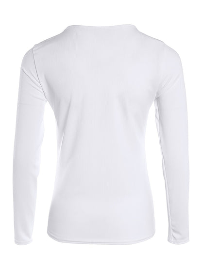 Ribbed Zip Up Slim Top, Casual Button Long Sleeve V-neck T-shirt, Women's Clothing