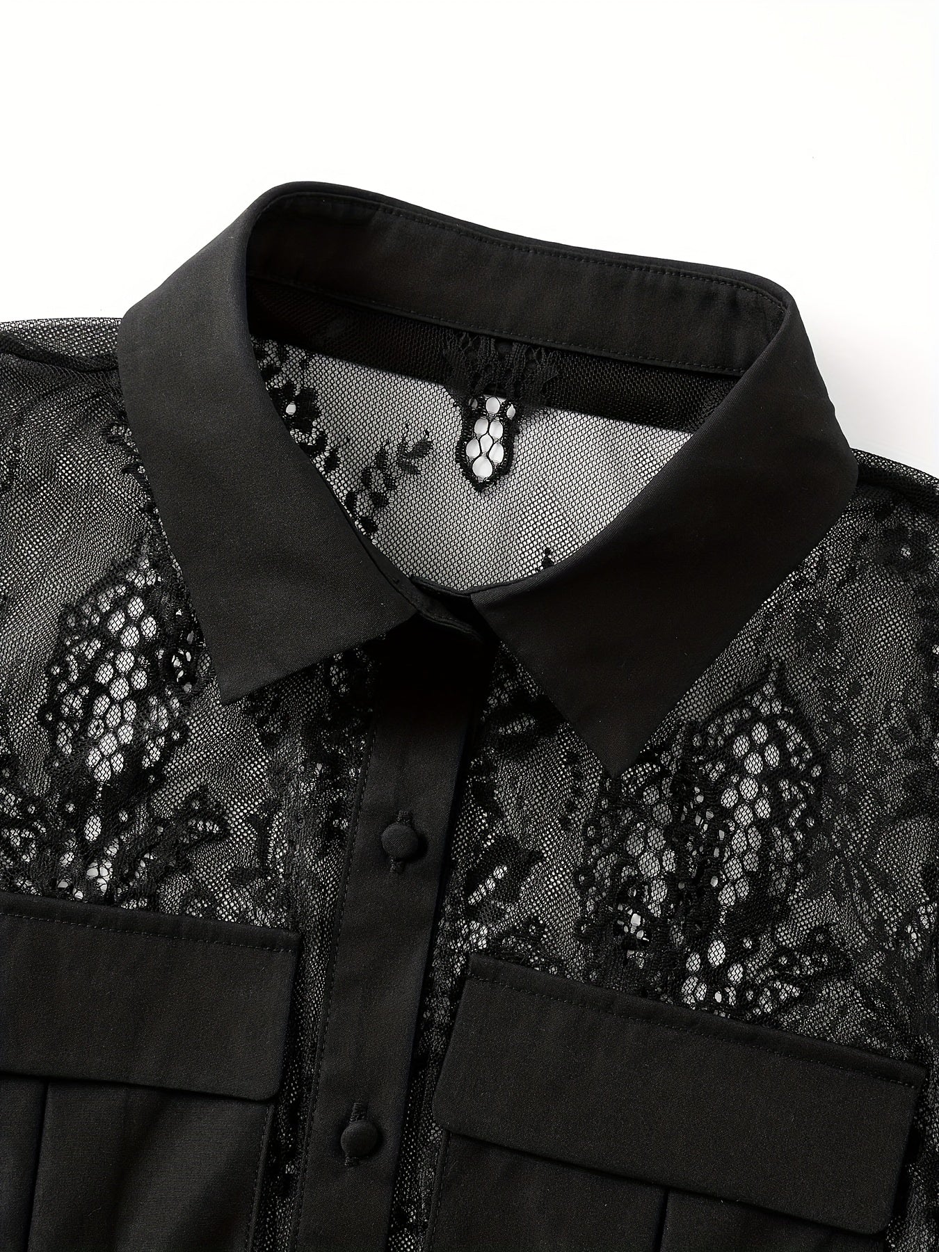 vlovelaw  See Through Pocketed Sheer Mesh Blouse, Long Sleeve Button Front Blouse, Women's Clothing